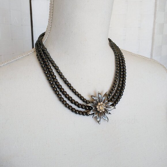 Handmade Floral Beaded Necklace Hematite Triple Layer Corsage Jewelry Whimsigoth - Picture 6 of 11